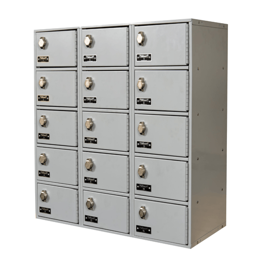 Centerline Dynamics Mobile Device Lockers Padlock Ready Hallowell Cell Phone/Tablet Locker, 27"W x 12"D x 30-1/2"H, 711 Light Gray, 5-Tier, 3-Wide, Assembled