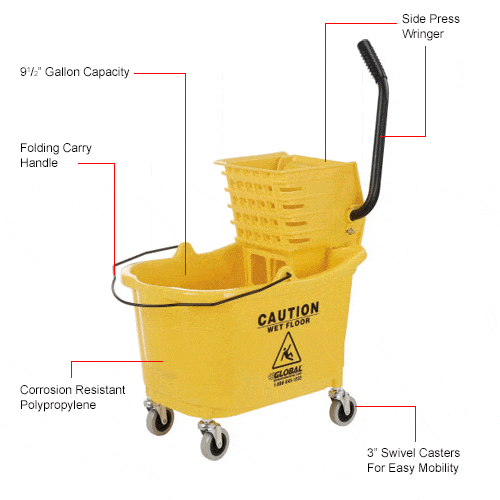 Centerline Dynamics Mops Global Industrial™ Mop Bucket & Wringer Combo, 38 Qt., Side Press, Yellow