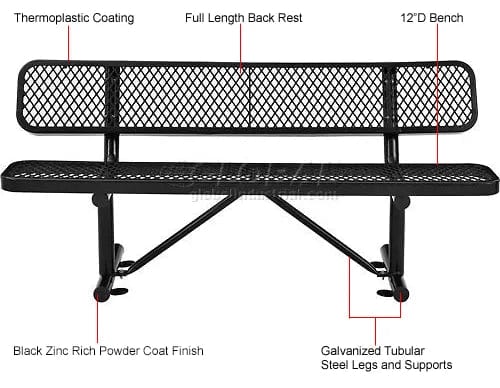 Centerline Dynamics Outdoor Seating 6' Outdoor Steel Bench w/ Backrest, Expanded Metal, Black