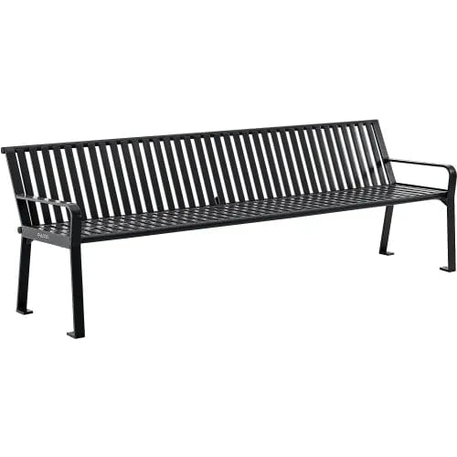 Centerline Dynamics Outdoor Seating 8' Outdoor Bench with Back, Vertical Steel Slat, Black