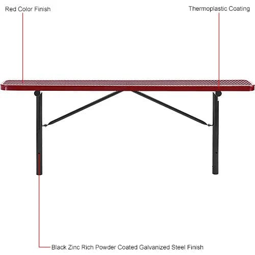 Centerline Dynamics Outdoor Seating 8' Outdoor Steel Flat Bench, Expanded Metal, In Ground Mount, Red