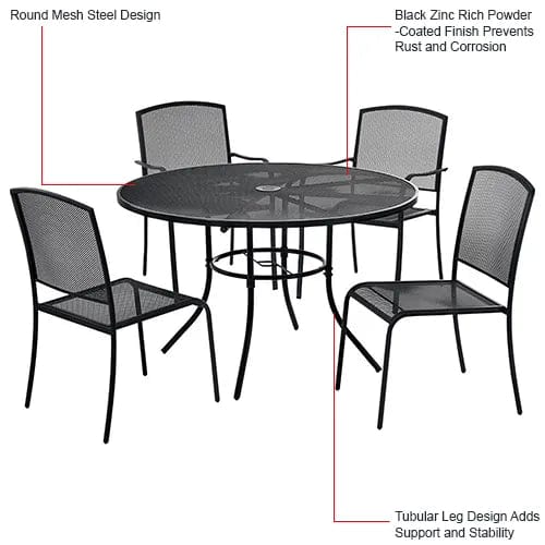 Centerline Dynamics Outdoor Seating Mesh Café Table and Chair Set, 48" Round, 4 Armchairs, Black