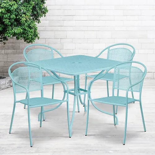 Centerline Dynamics Outdoor Seating Oia 5 Piece Indoor Outdoor Steel Patio Table Set w/ Round Chairs, Sky Blue