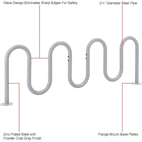 Centerline Dynamics Outdoor Structures & Storage Deluxe Wave Bike Rack, 9-Bike Capacity, Flange Mount, Gray