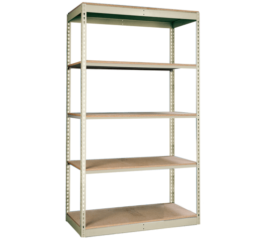 Centerline Dynamics Rivetwell Single Rivet Boltless Shelving Starter Hallowell Rivetwell, Single Rivet Boltless Shelving 36"W x 12"D x 84"H 729 Tan 5 Levels, Unit Decking not included