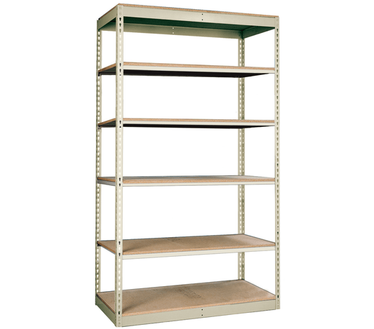 Centerline Dynamics Rivetwell Single Rivet Boltless Shelving Starter Hallowell Rivetwell, Single Rivet Boltless Shelving 36"W x 12"D x 84"H 729 Tan 6 Levels, Unit Decking not included