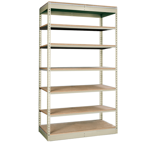 Centerline Dynamics Rivetwell Single Rivet Boltless Shelving Starter Hallowell Rivetwell, Single Rivet Boltless Shelving 36"W x 12"D x 84"H 729 Tan 7 Levels, Unit Decking not included