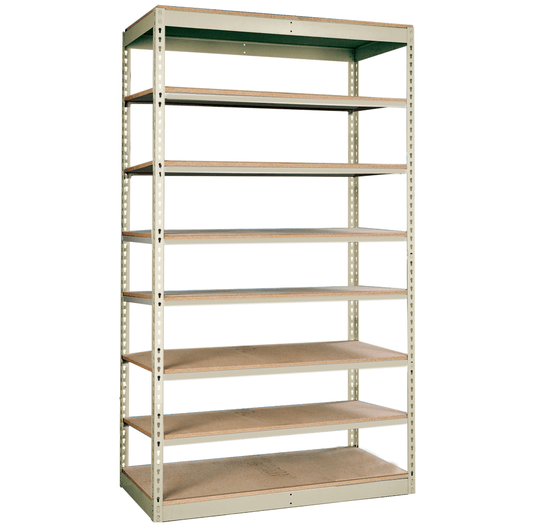 Centerline Dynamics Rivetwell Single Rivet Boltless Shelving Starter Hallowell Rivetwell, Single Rivet Boltless Shelving 36"W x 12"D x 84"H 729 Tan 8 Levels, Unit Decking not included