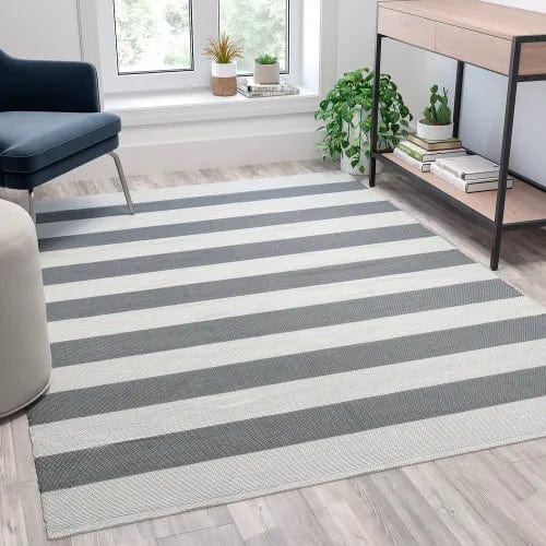 Centerline Dynamics Rugs 5' x 7' Handwoven Indoor/Outdoor Cabana Style Area Rug, Gray & White Striped