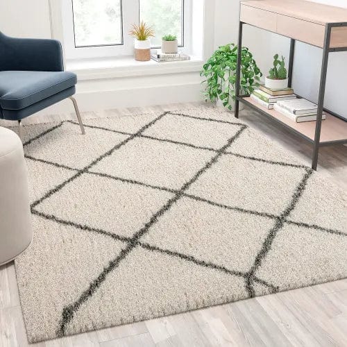 Centerline Dynamics Rugs Shag Style Diamond Trellis Area Rug, 8' x 10', Ivory/Gray Polyester