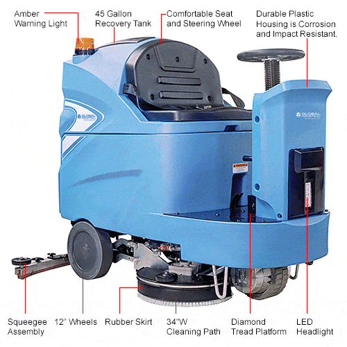 Centerline Dynamics Scrubbers & Floor Machines Global Industrial™ Auto Ride-On Floor Scrubber, 34" Cleaning Path