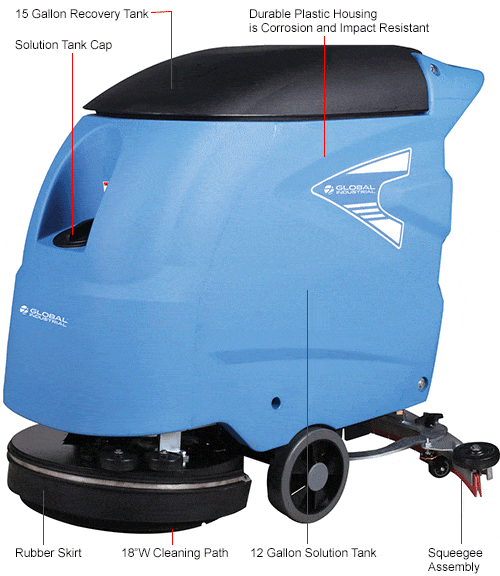 Centerline Dynamics Scrubbers & Floor Machines Global Industrial™ Auto Walk-Behind Floor Scrubber, 18" Cleaning Path