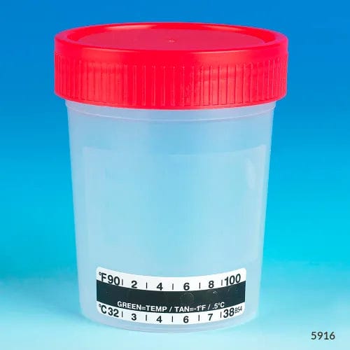 Centerline Dynamics Specimen Bags & Containers Graduated Specimen Container, 4 oz., Thermometer Strip, Red Screwcap, Polypropylene, 500/Pack