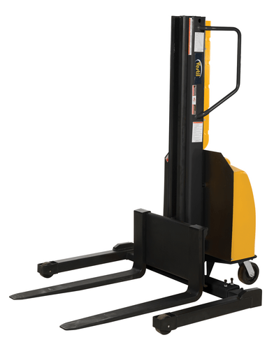 Centerline Dynamics Stackers Vestil Steel Narrow Mast Stacker DC Powered 118 In. Raised Height Adjustable Forks and Support Legs 1,500 Lb. Capacity