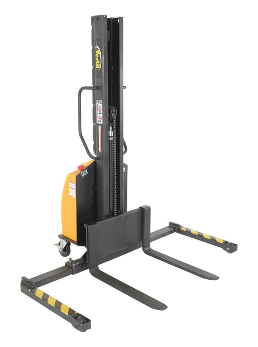 Centerline Dynamics Stackers Vestil Steel Narrow Mast Stacker DC Powered 63 In. Raised Height Adjustable Forks and Support Legs 1,000 Lb. Capacity