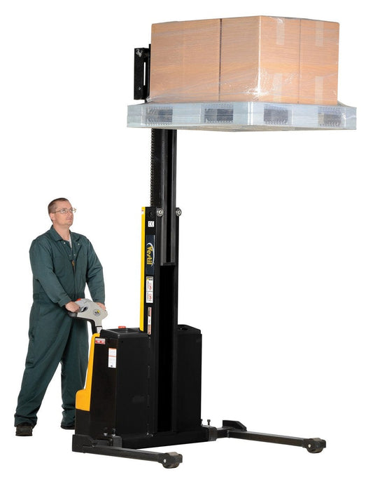 Centerline Dynamics Stackers Vestil  Steel Narrow Mast Stacker DC Powered 90 In. Raised Height Adjustable Forks and Support Legs 2,500 Lb. Capacity