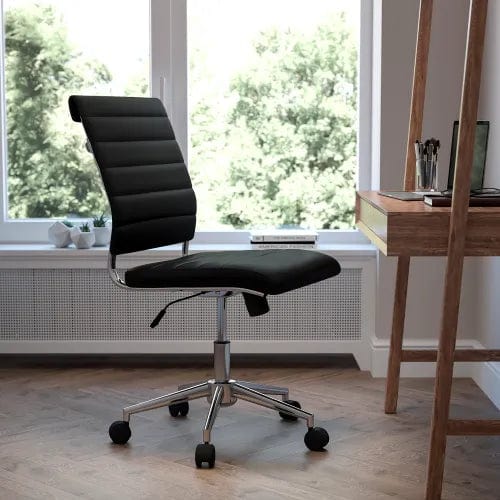 Centerline Dynamics Task & Desk Chairs Mid-Back Armless Black LeatherSoft Contemporary Ribbed Executive Swivel Office Chair