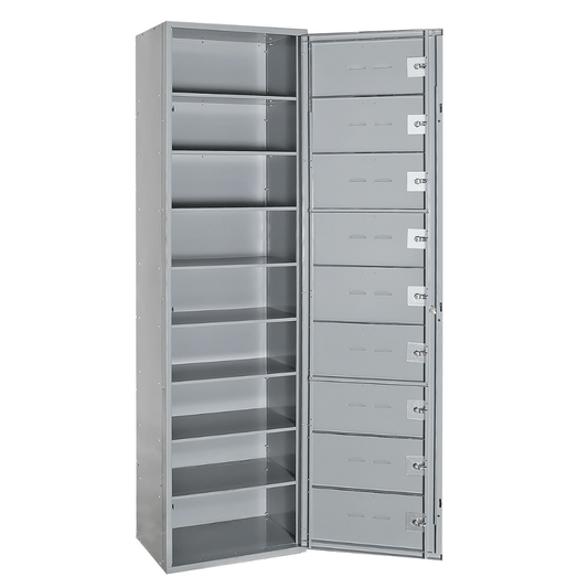 Centerline Dynamics Uniform Exchange Lockers Hallowell Uniform Exchange Locker, 24"W x 15"D x 84"H, 725 Dark Gray, 9-Person, 1-Wide, Assembled