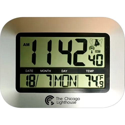 Centerline Dynamics Wall Clocks 9.75" Digital Atomic Clock with Calendar and Indoor Temperature Display - Silver