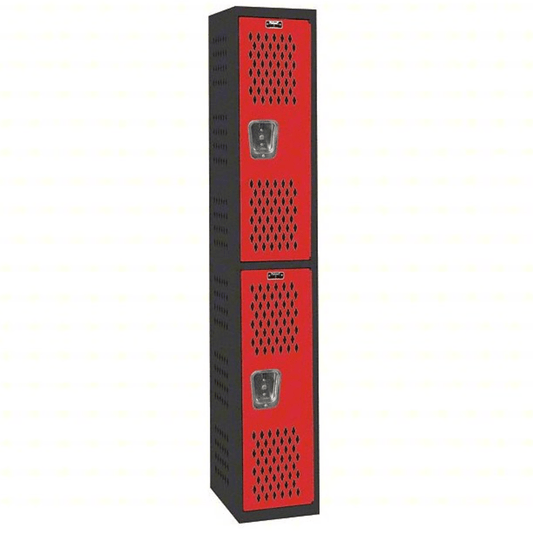 Centerline Dynamics Welded Gym And Pe Lockers Hallowell PE / Gym Locker, 12"W x 18"D x 72"H, 708 Midnight Ebony Body and 721 Relay Red Doors, Double Tier, 1-Wide