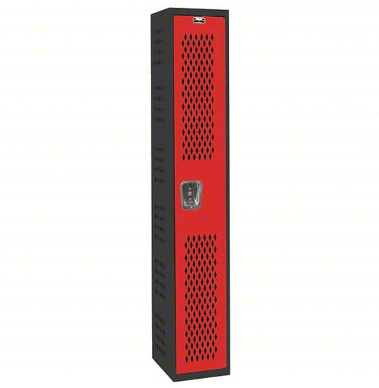 Centerline Dynamics Welded Gym And Pe Lockers Hallowell PE / Gym Locker, 12"W x 18"D x 72"H, 708 Midnight Ebony Body and 721 Relay Red Doors, Single Tier, 1-Wide