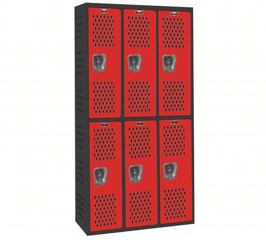 Centerline Dynamics Welded Gym And Pe Lockers Hallowell PE / Gym Locker, 36"W x 18"D x 72"H, 708 Midnight Ebony Body and 721 Relay Red Doors, Double Tier, 3-Wide