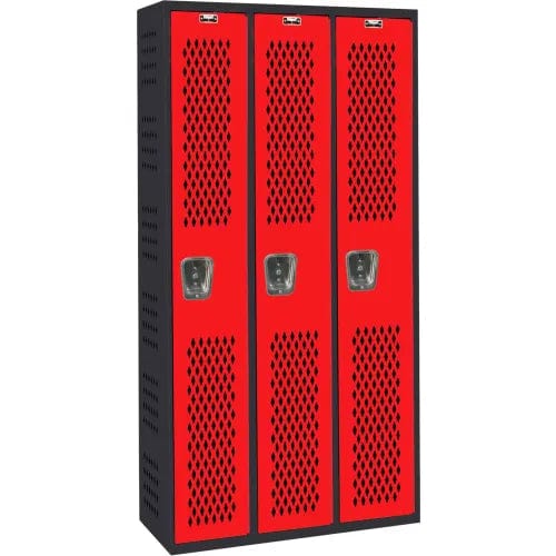 Centerline Dynamics Welded Gym And Pe Lockers Hallowell PE / Gym Locker, 36"W x 18"D x 72"H, 708 Midnight Ebony Body and 721 Relay Red Doors, Single Tier, 3-Wide