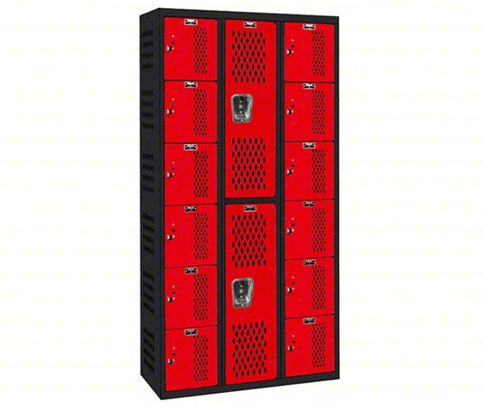 Centerline Dynamics Welded Gym And Pe Lockers Hallowell PE / Gym Locker, 36"W x 18"D x 72"H, 708 Midnight Ebony Body and 721 Relay Red Doors, Six Tier / Double Tier / Six Tier, 3-Wide